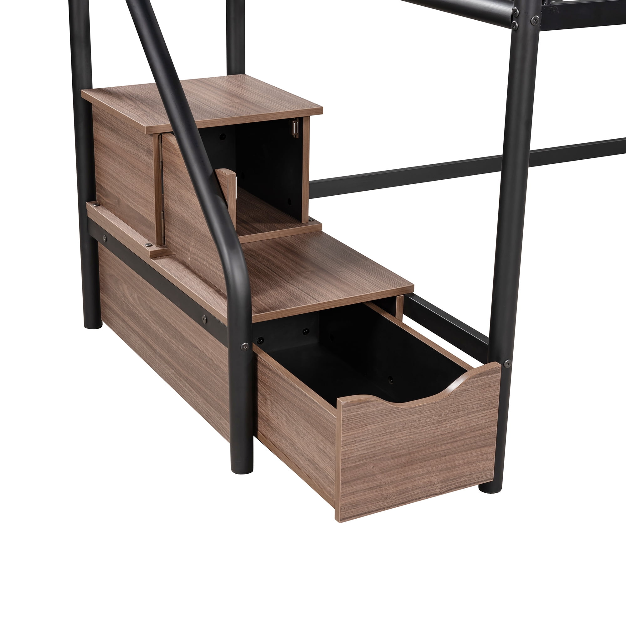 Low Loft Twin Metal Bed with 2 Big Storage Steps, Toddler Kids Modern Metal Bed Frame, Heavy Duty Bed, Multifunction Design Bed Bedroom Furniture, Space-Saving, No Box Spring Needed (Brown)