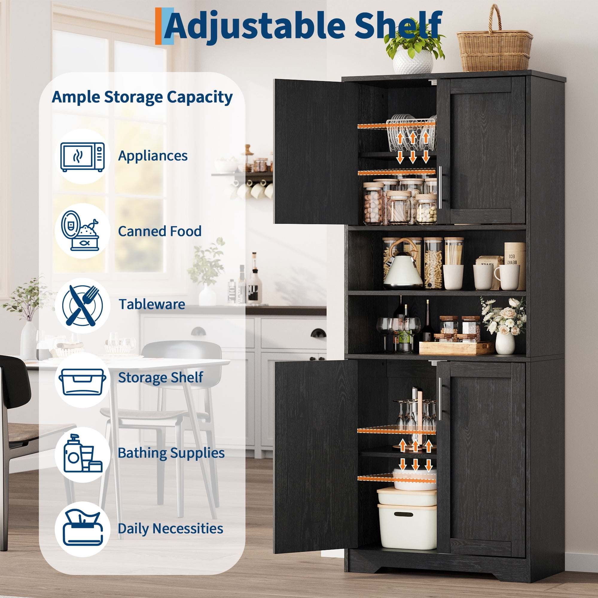 Gaderth 67" Tall Kitchen Pantry Cabinet, Farmhouse Kitchen Pantry Cabinet and Coffee Bar, Adjustable Shelf and Microwave Stand,for Dining Room Storage and Organization