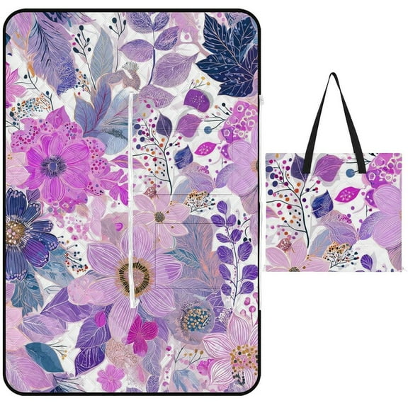 Purple Floral Seamless Pattern Design Outdoor Picnic Blanket, Foldable Waterproof Beach Mat, Portable Beach Blanket for Beach Camping, Hiking, Family Concerts