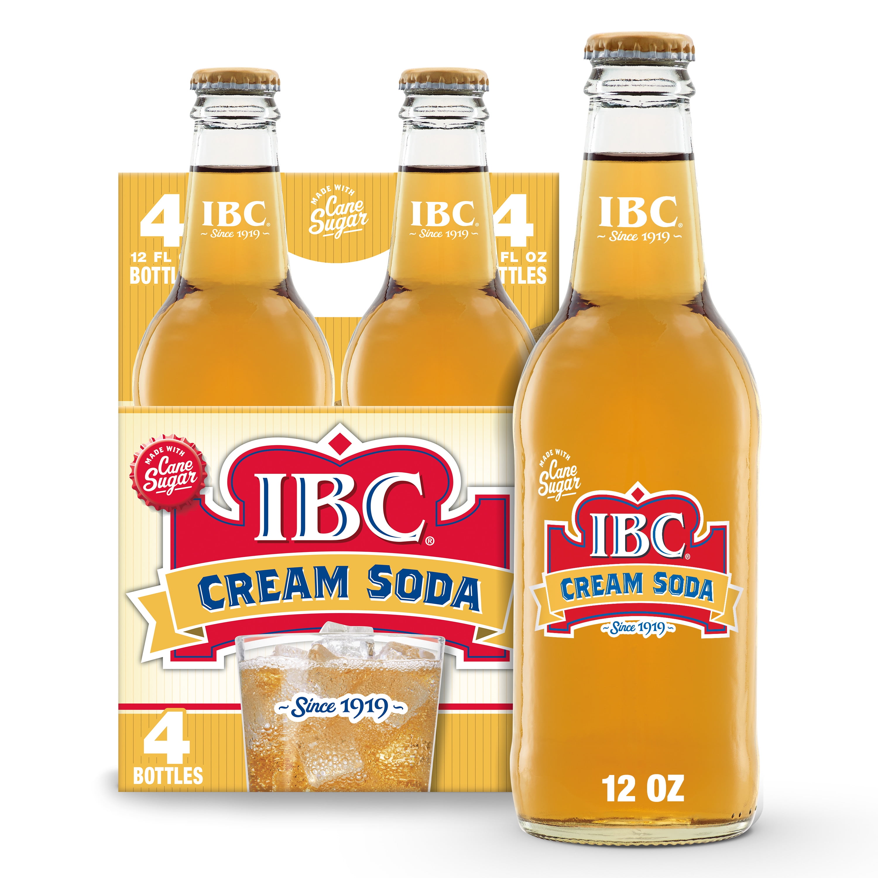IBC Cream Soda Made with Sugar, Glass Bottles, 12 Fl Oz, 4 Count