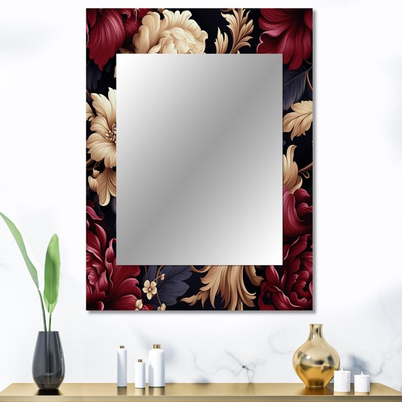 Designart "Grand Regency Damask I" Floral Wall Mirror, Printed Red Wall Mirror, Traditional Bathroom Wall Mirror, Decorative Floral Mirror - 30x40 Inch