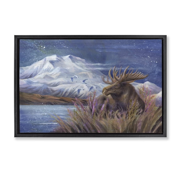 Stupell Industries Traditional Moose & Snowy White Mountain Black Floating Frame Canvas Art, 25 x 17, by Jody Bergsma