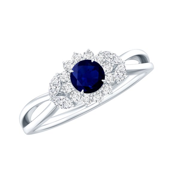 Rosec Jewels Real Blue Sapphire Flower Engagement Ring for Women - AAA Quality - Sapphire Diamond Ring - with Jewelry Box, 925 Sterling Silver, US 4.00