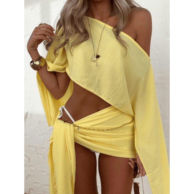 Women's Solid Pleated Knot Mini Skirt Set with Elastic Waist for Beach Summer