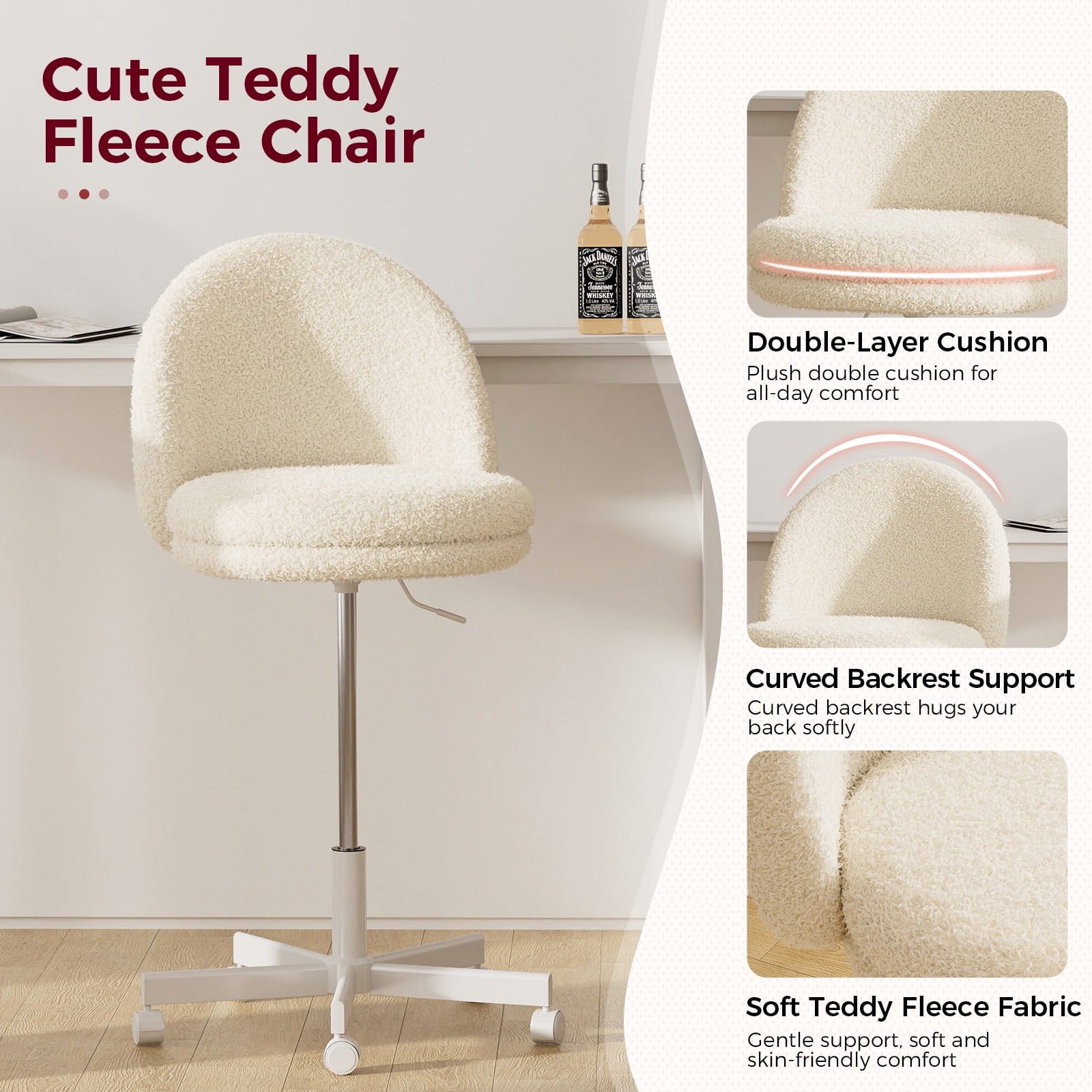 CloudRest Pro Vanity Chair with Back & Wheels, Adjustable Swivel Velvet Stool for Bedroom, Home Office, White