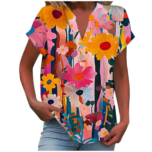 Vestidos Casuales Para Mujer, Blusas De Mujer De Moda Camiseta informal de manga corta con cuello en V y botones para mujer