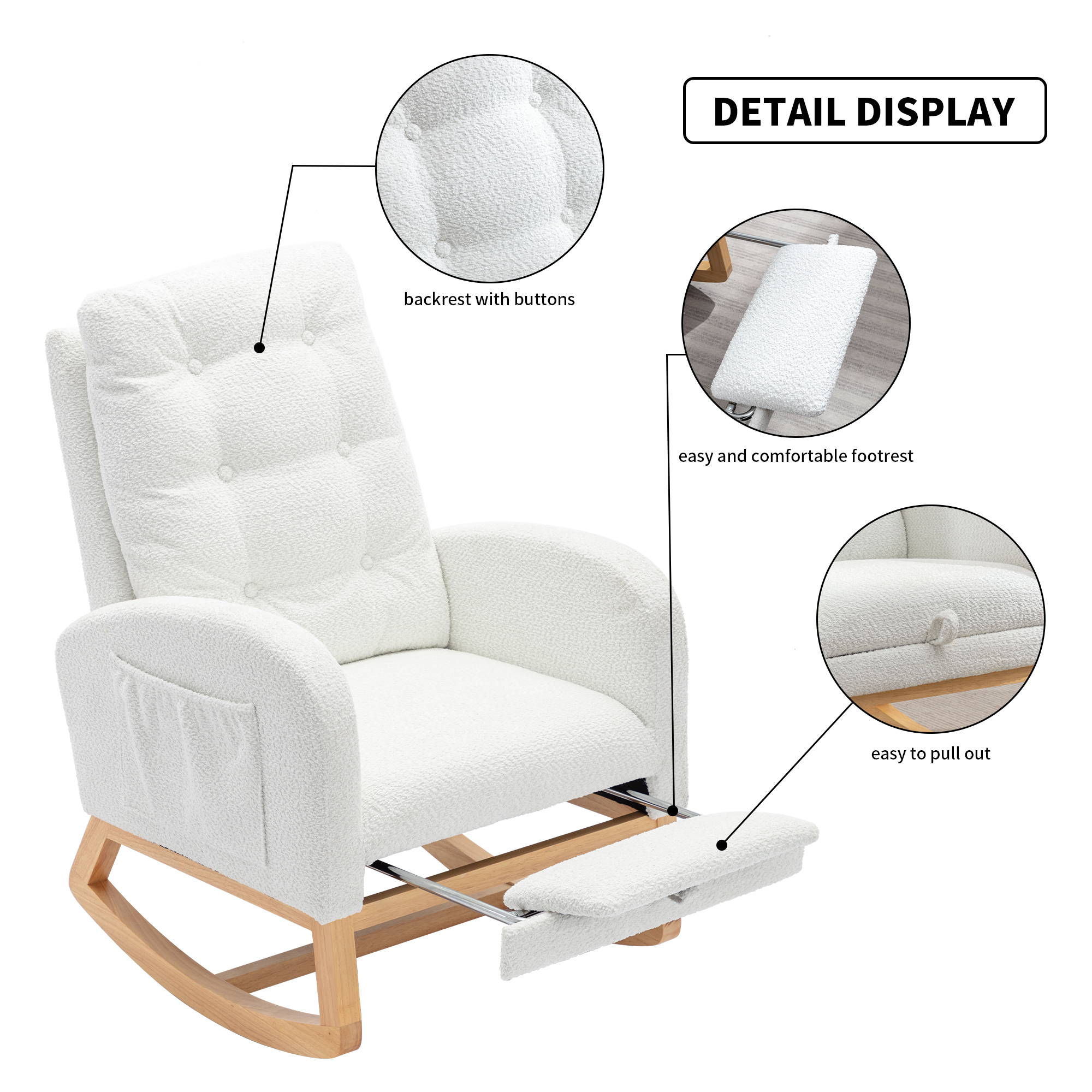 DEALTOPS Rocking Accent Chair with Footrest High Back Rubber Wood Legs for Bedroom Living Space-White