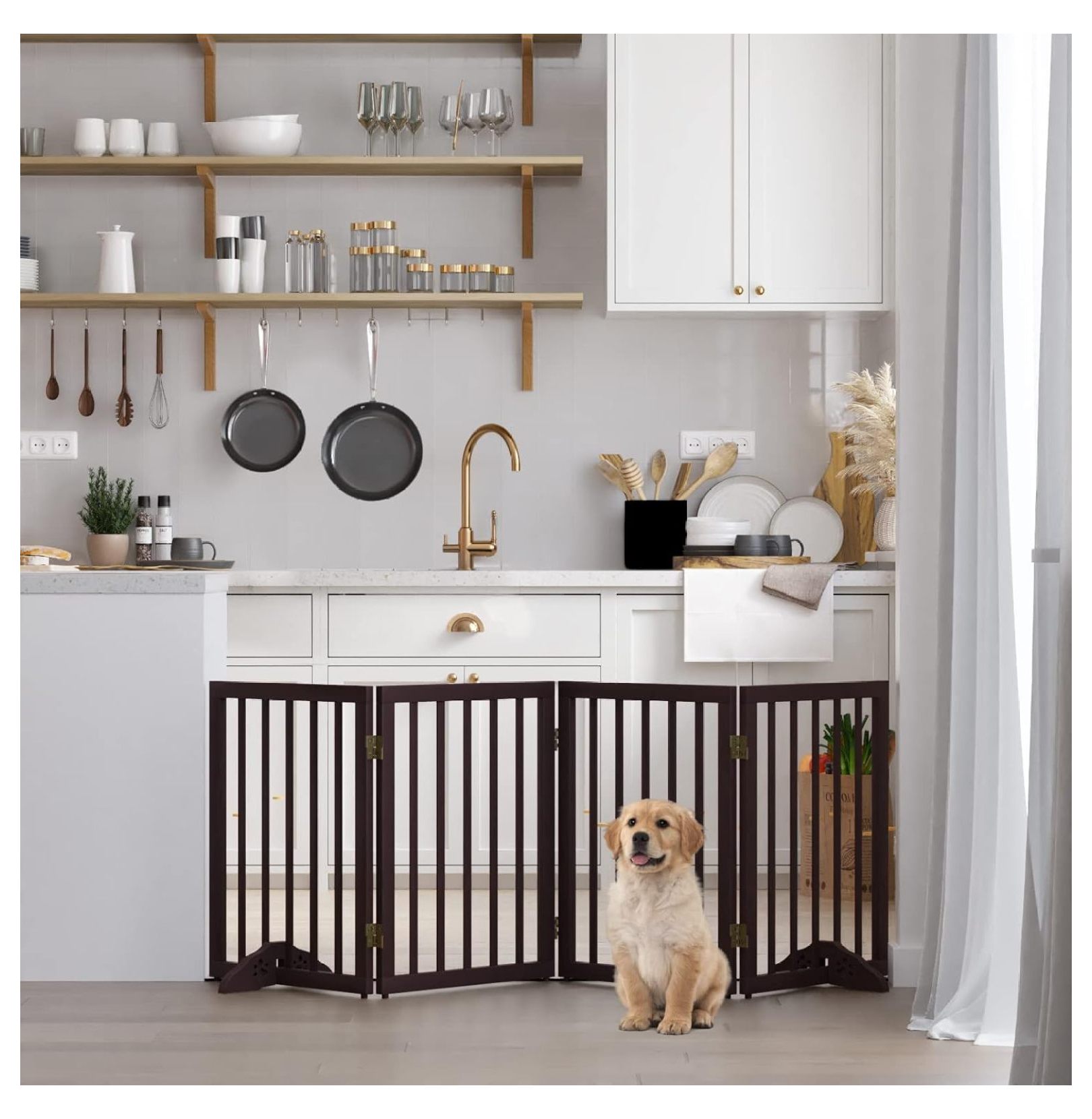 Pet Gates for Dogs, Freestanding Dog Gate with 2pcs Support Feet, Puppy Dog Gates for The House, Dog Fences Indoor, Espresso