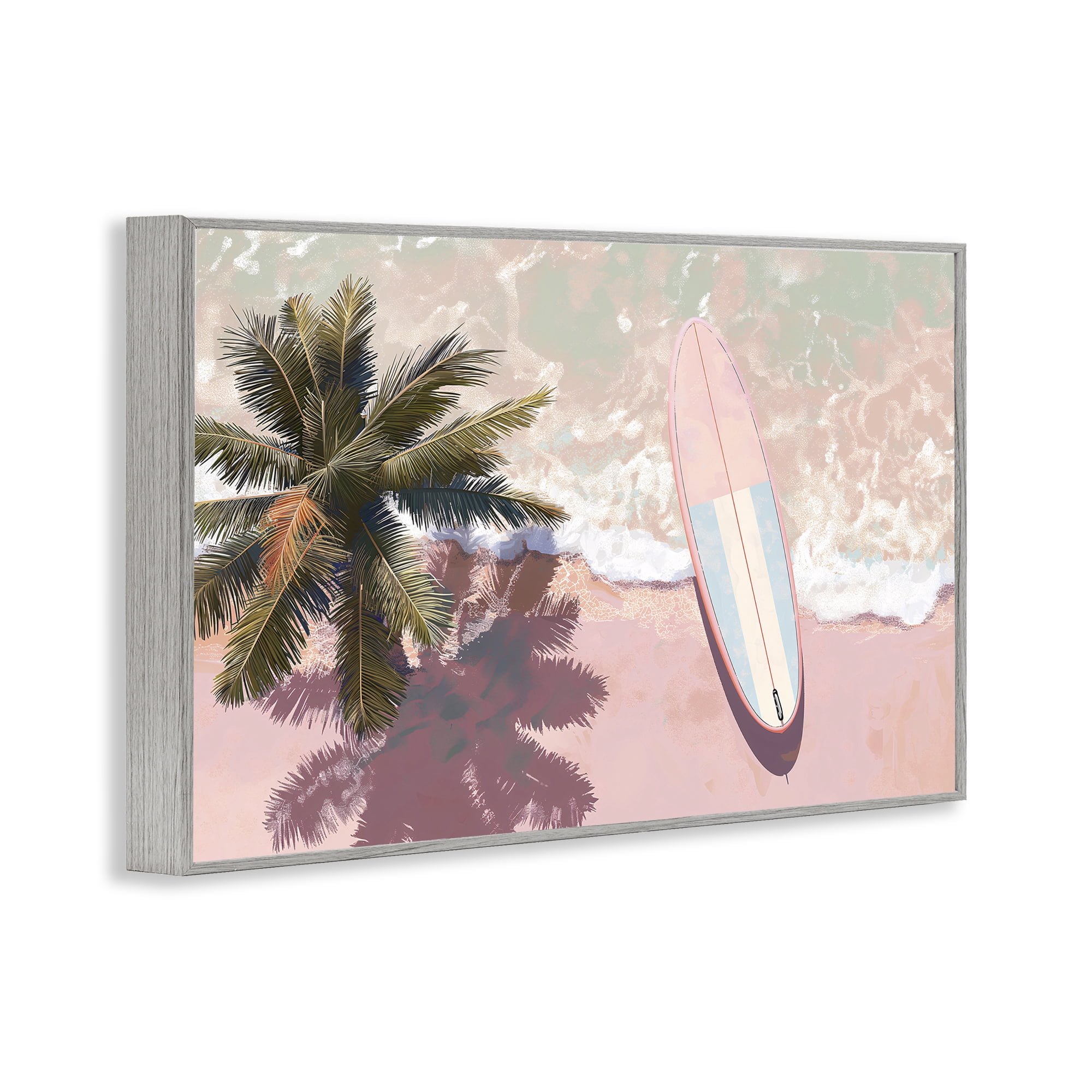 Stupell Industries Blush Pink Surfboard & Palm Gray Framed Giclee Art, design by Jacky Ngan