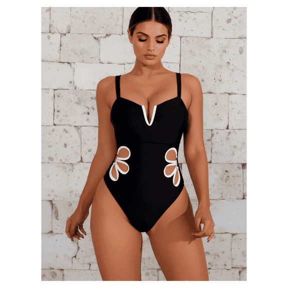 Women's Black White Cutout Plunging V-Neck Floral One Piece Swimsuit
