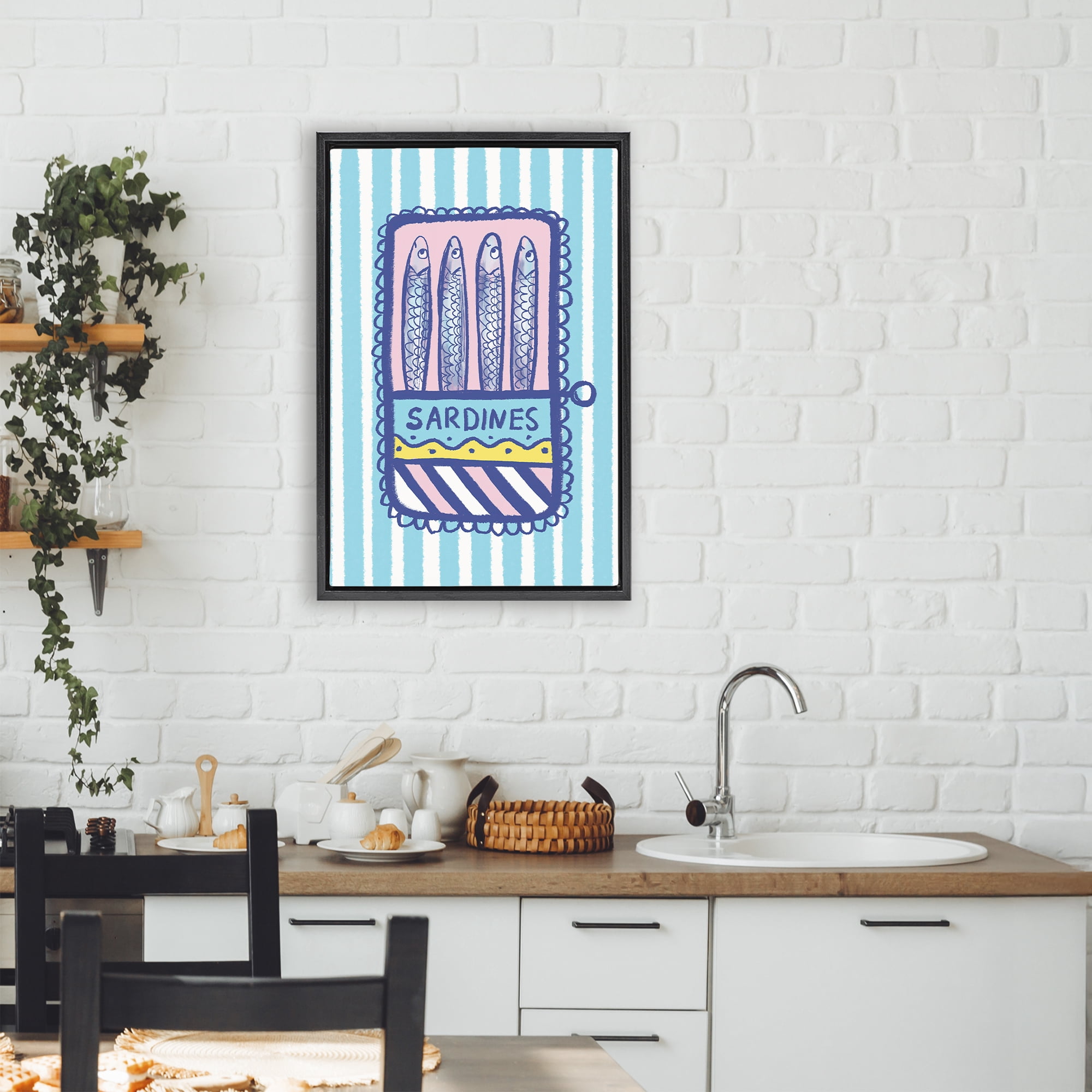 Stupell Industries Pastel & Stripes Sardines Black Framed Floater Canvas Wall Art, design by Florentina Dolci
