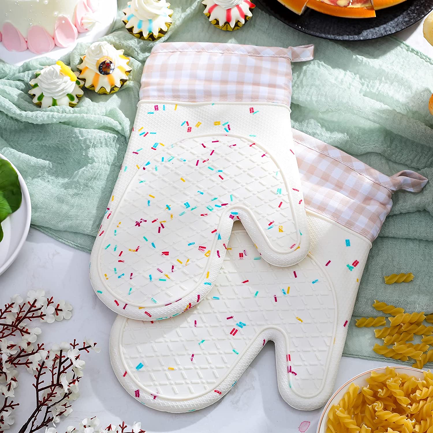 Set of 2 Silicone Oven Mitts Waterproof Shell Oven Mitts for Kitchen for Heat Resistant 500 Degrees Washable Kitchen Mittens with Cotton Lining for Cooking Baking BBQ Grilling Microwave