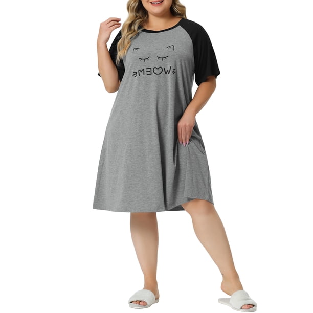 FAB CURVES Camisón de Talla Grande para Mujeres con Manga Corta, Camisetas Gráficas Lindas, Vestido de Dormir, Ropa de Dormir 1X Gris