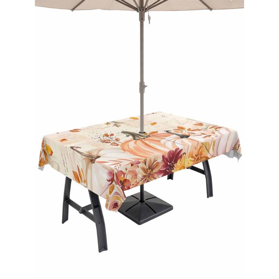Outdoor Tablecloth with Umbrella Hole and Zipper, Pink Orange Pumpkins Fall Rectangle Table Cloth 60x84 Inch Waterproof Tablecloth, Thanksgiving Leaves Floral Autumn Picnic Table Cover for Patio