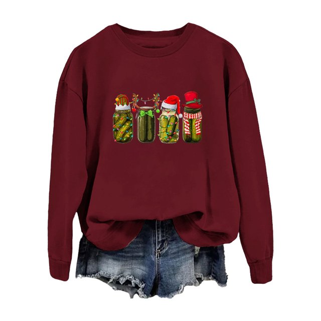 EHQJNJ Chandail en Molleton pour Femmes Automne/hiver/noël Imprimé Manches Tombantes Sans Capuche Pull Col Rond Rouge Chandail en Molleton Tendance