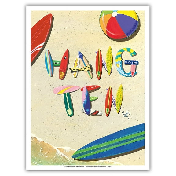 Hang Ten - Beach Sand Surfboard Art - From an Original Color Painting by Scott Westmoreland - Master Art Print (Unframed) 9in x 12in