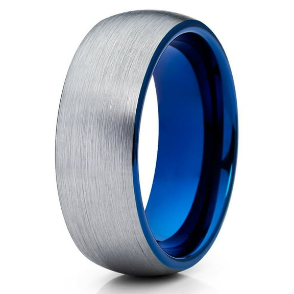 8mm Tungsten Wedding Band Brushed Silver Tungsten Ring Polished Blue Tungsten Carbide Dome Men Women Comfort Fit