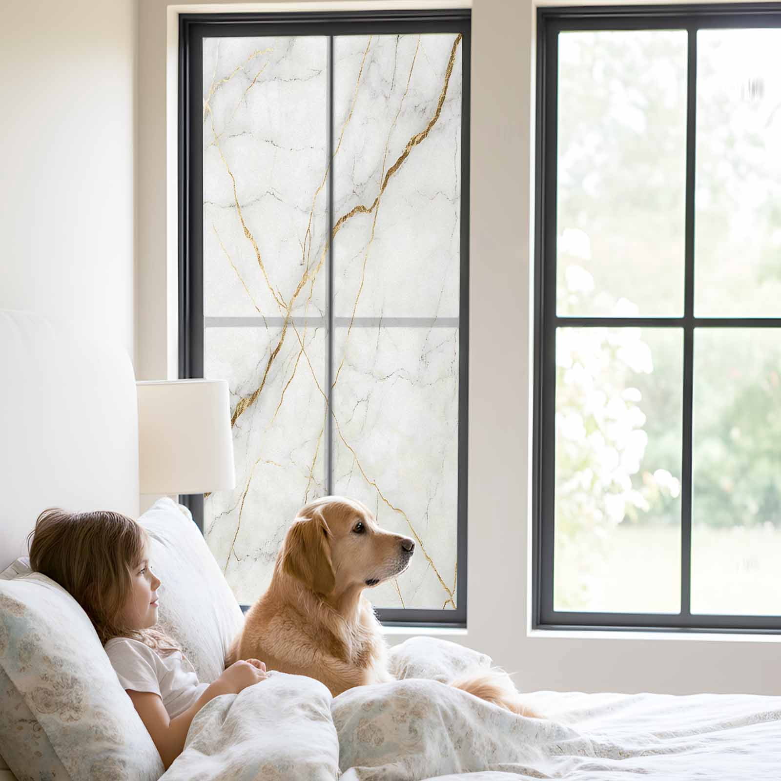 Marble Window Privacy Film, Grey Golden Crack Minimalistic Abstract Static Cling UV Sun Blocking Heat Control Window Tint Day and Night, Non-Adhesive One Way Windows Privacy Cover 23.6''x59''