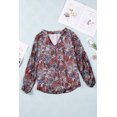 thumbnail image 1 of ABPHQTO Top de manga larga abullonada con cuello en V y estampado floral rojo para mujer, 1 of 5