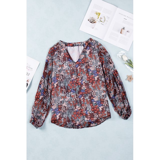 ABPHQTO Top de manga larga abullonada con cuello en V y estampado floral rojo para mujer