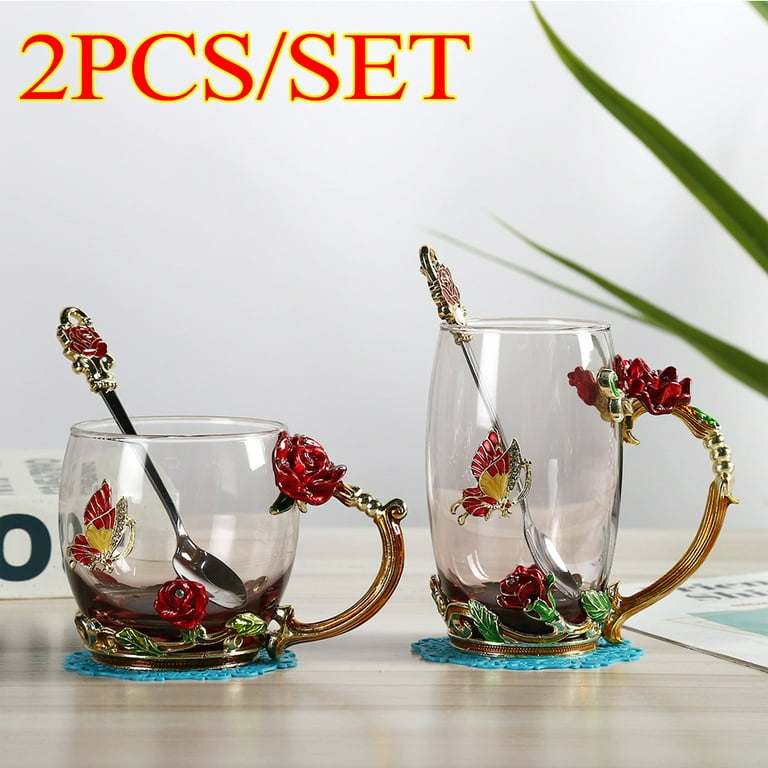 Flower Glass Tea Cup Coffee Mugs Gifts with Spoon Beautiful Rose Flower Butterfly Glass for Women Girl Friend Wife, Size: Size2-1PCS, Clear