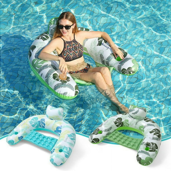Inflatable Pool Floating Chair - 2 U Seat Pool Float Lounge with Backrest Cup Holder Portable Water Hammock Chair Pool Chair Party Toy Floaties Beach Floaty for Adult