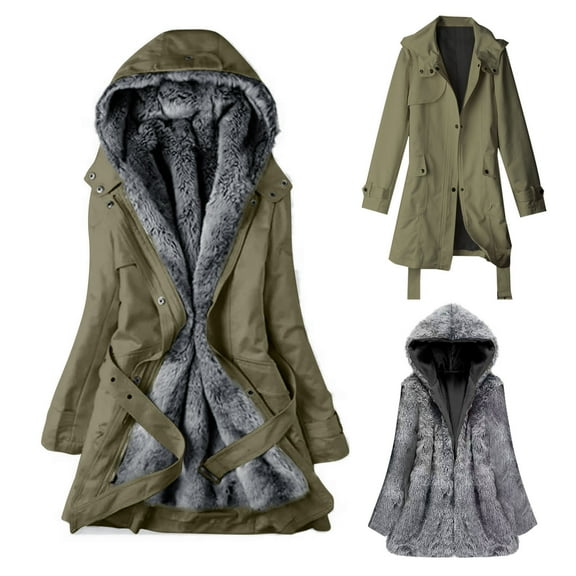Azrian Ladies Winter Lining Puffer Coat Hooded - Long Coat Jacket with Metal Zipper Warm Thick Hooded Overcoat(Army Green,M)