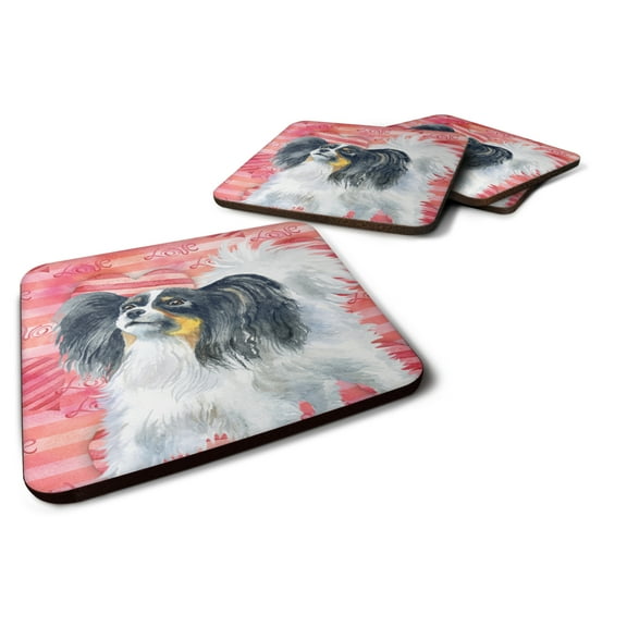 Carolines Treasures BB9744FC Papillon Love Foam Coaster Set of 4 Red 3 1/2 x 3 1/2 multicolor
