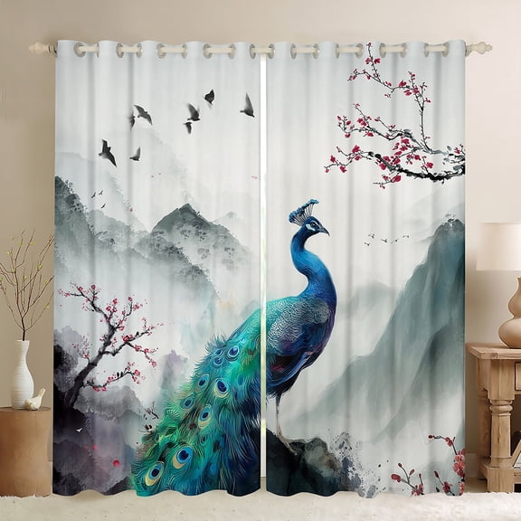 Homewish Floral Sakura Animal Peacock Black Out Curtains for Adults Female Men Women,Japanese Style Curtains Pack of 2 (42x63 Each),Chic Flower Cherry Blossoms Bedroom Curtains