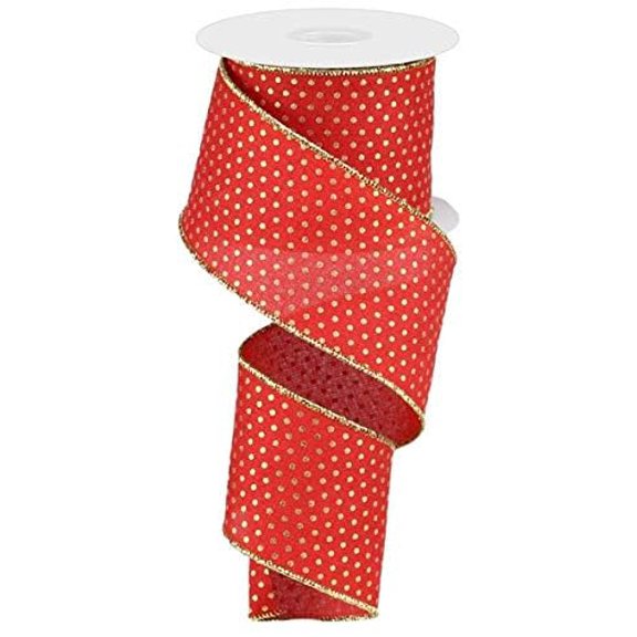 Wired Ribbon Christmas Swiss Dots, Red Gold 2.5 Inches x 10 Yards