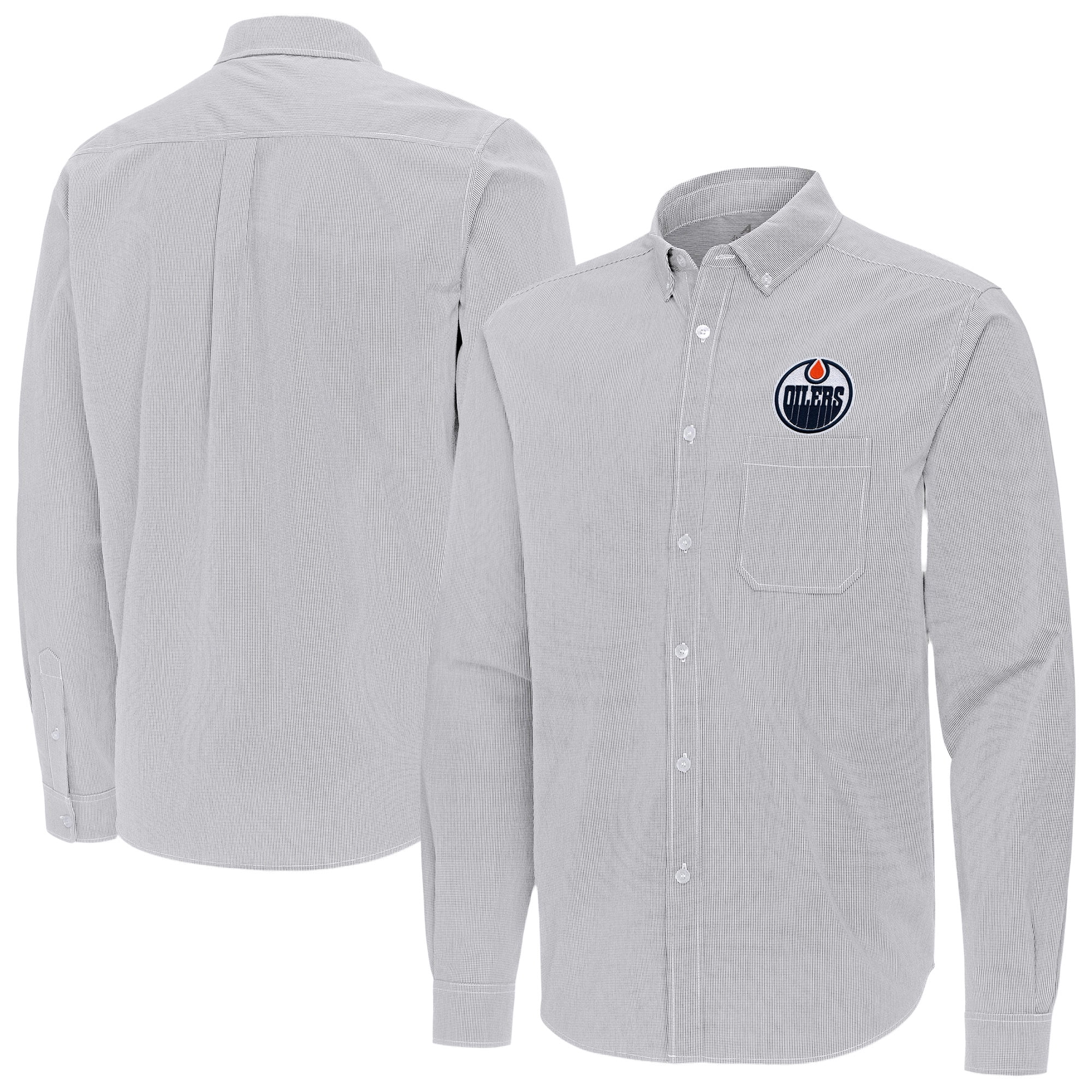 Men's Antigua Gray Edmonton Oilers Porter Woven Tri-Blend Long Sleeve Button-Down Shirt