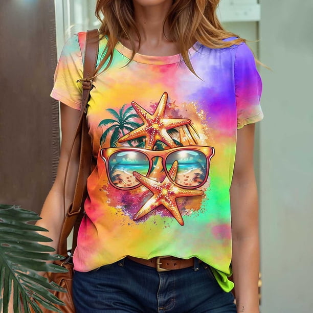 Tops de Ajuste Suelto para las Mujeres Sudadera Casual Impresa Manga Corta Cuello Redondo Superior, Poliéster