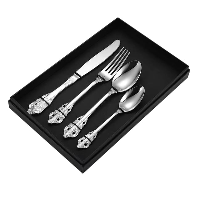 Ensemble de Couverts en Acier Inoxydable 4 Pcs, Design Embossé Couteau, Fourchette et Cuillères pour Repas Formels