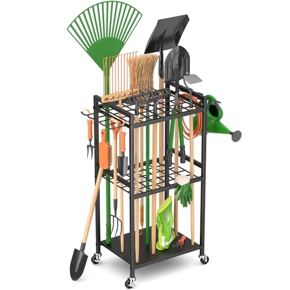 Yeabett Garden Tool Organizer Rack with Hooks and wheels, Holds Up to 35 Long-Handled Tools, Rakes and Brooms, Metal Steel Stand for Shed or Outdoor Storage Backyard