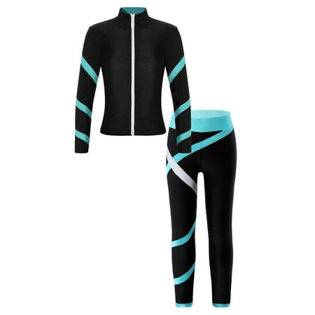 Alvivi Kids Girls Figure Ice Skatinhg Costume 2 Pieces Gym Workout Tracksuit Sweatshirt and Leggings Blue Green 10
