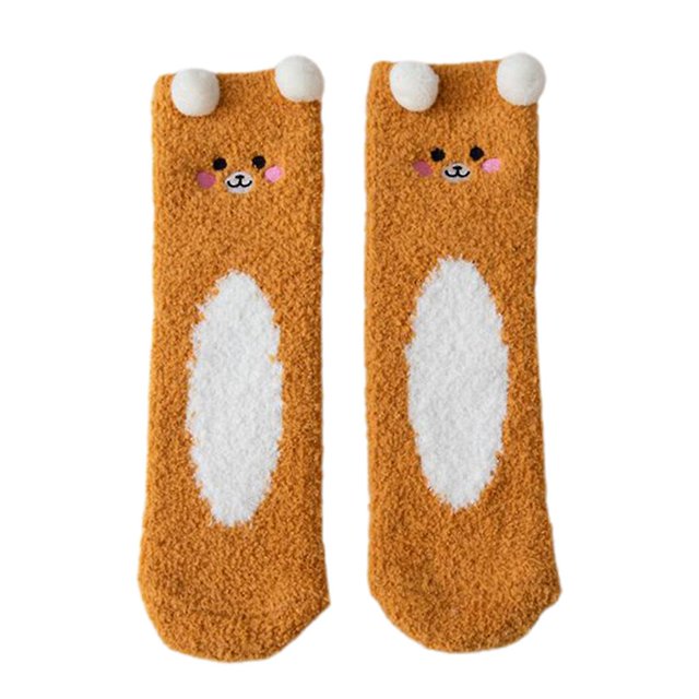 Calcetines para dormir cálidos y difusos de terciopelo coral para mujer, oso de dibujos animados Kawaii para gato, ratón, Panda, Animal, orejas 3d, pantuflas mullidas de invierno y