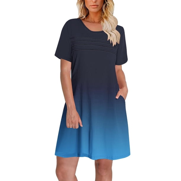 Vestido de Verano de Manga Corta Estampado Gradiente Cuello Redondo Vestido Plisado Delantero con Bolsillo, Poliéster