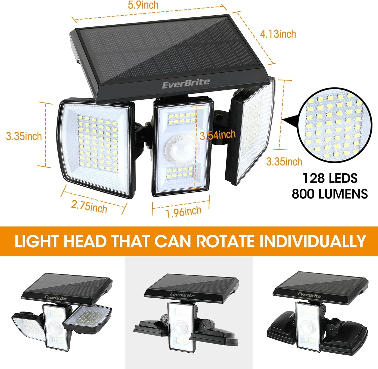 EverBrite 2 Pack Solar Outdoor Lights, Solar Motion Sensor Lights, 3 Heads Security LED Flood Light, Wall Light for Yard Patio Garden Pathway Porch