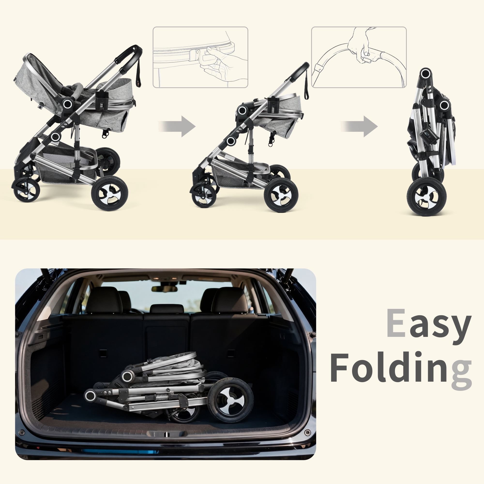 AILEEKISS 3-in-1 Convertible Baby Stroller with Big Seat and Adjustable Canopy, 24 Pounds, Dark Grey