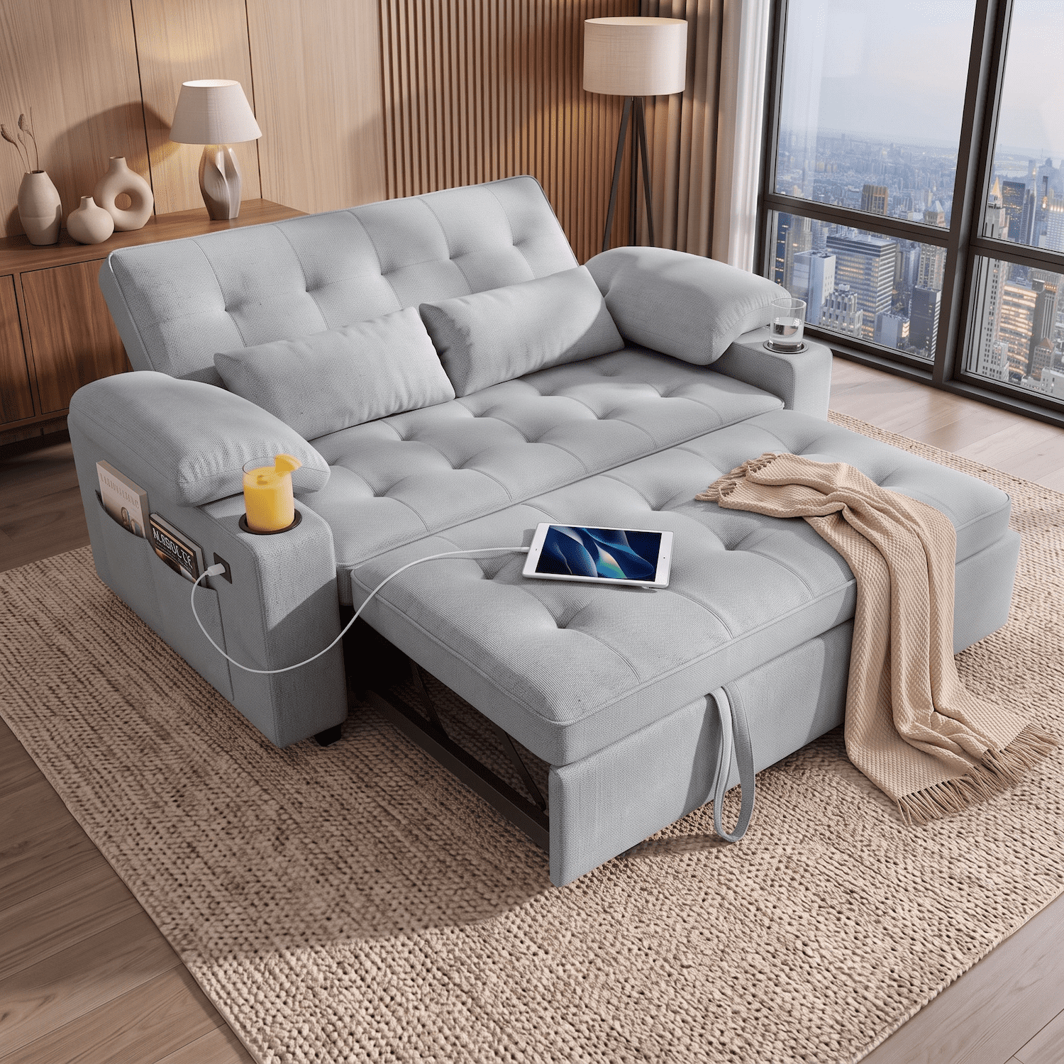Xiweot Convertible Sleeper Sofa Bed, 58" Full Size Pull Out Couch with Cup Holders, Adjustable Backrest, USB Ports & Side Pockets, Towel Fabric Sleeper Loveseat for Living Room Apartment (Light Gray)