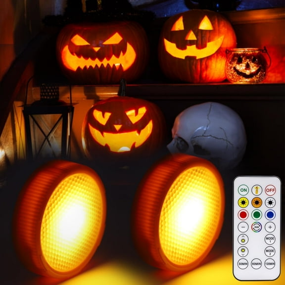 Halloween LED Pumpkin Lights - Remote & Timer 2-Pack, Battery-Operated Orange Jack-O-Lanterns for Spooky Decor, Flameless Candles for Halloween Decorations