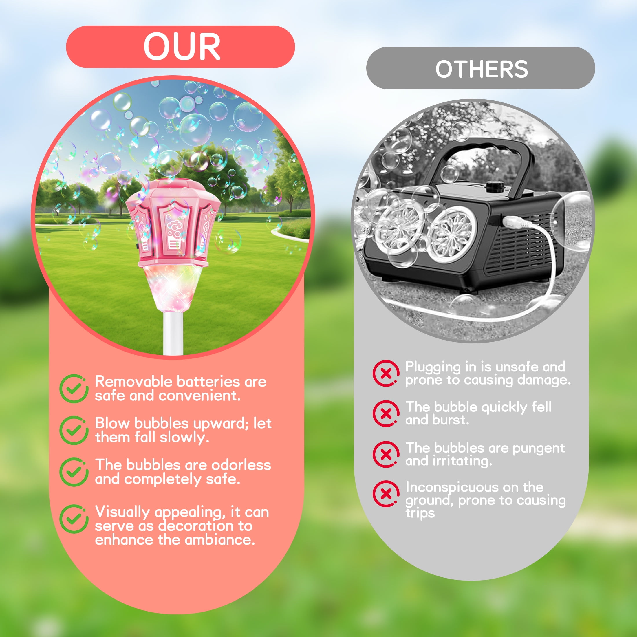 KOPPOP Garden Bubble Machine, LED Musical Lawn Lamp with Remote Control & Rechargeable Battery, Adjustable Height Outdoor Party Bubble Blower for Kids Birthday Gifts(Pink)