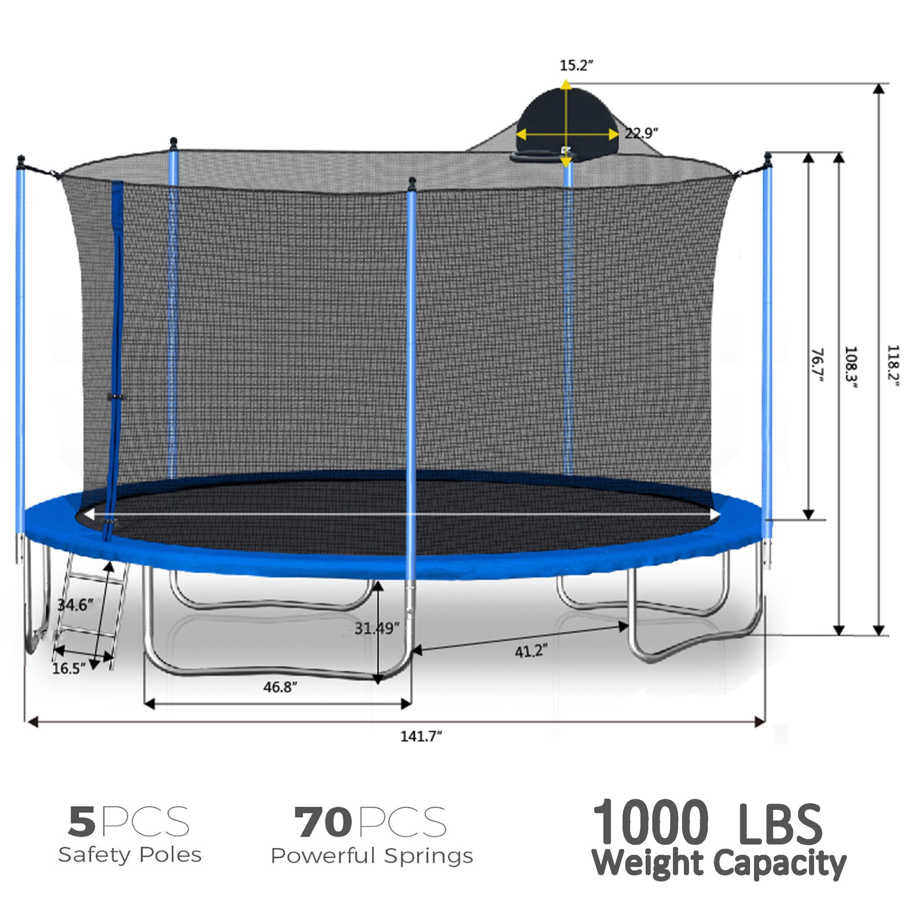 Biotree 12 FT Trampoline for Kids and Adults, Outdoor Trampoline with Basketball Hoop & Safety Enclosure Net,Large Load Capacity Heavy-Duty Jumping Trampoline for Boys and Girls