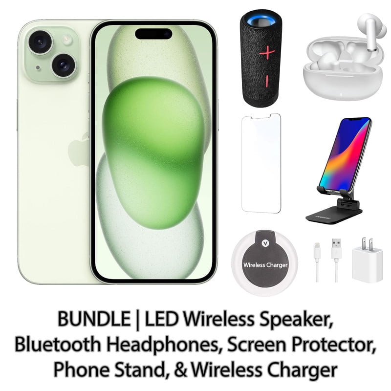 Restored Apple iPhone 15 128GB Green Fully Unlocked Bundle with LED Wireless Speaker, Bluetooth Headphones, Screen Protector, Wireless Charger, & Phone Stand (Refurbished)