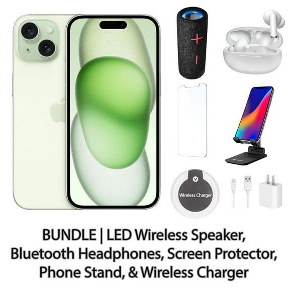 Restored Apple iPhone 15 128GB Green Fully Unlocked Bundle with LED Wireless Speaker, Bluetooth Headphones, Screen Protector, Wireless Charger, & Phone Stand (Refurbished)