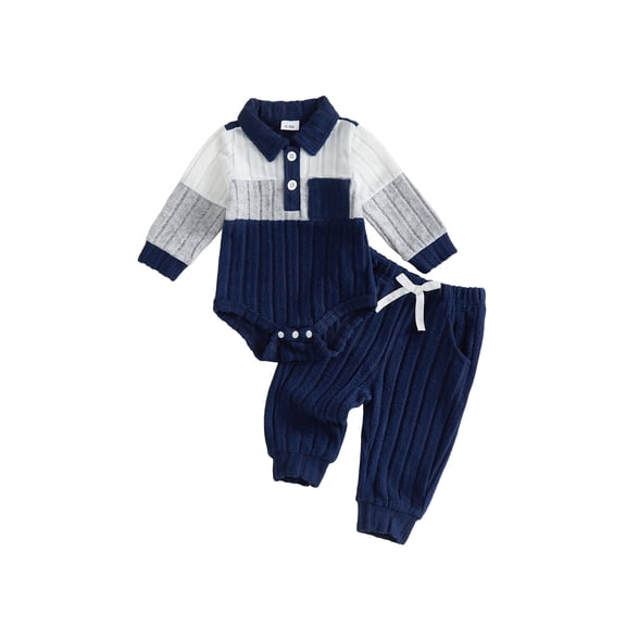 Lairauiy Infant Baby Boy Fall Outfits 3 6 12 18 24 Months Long Sleeve Lapel Collar Romper Pants Clothes Set