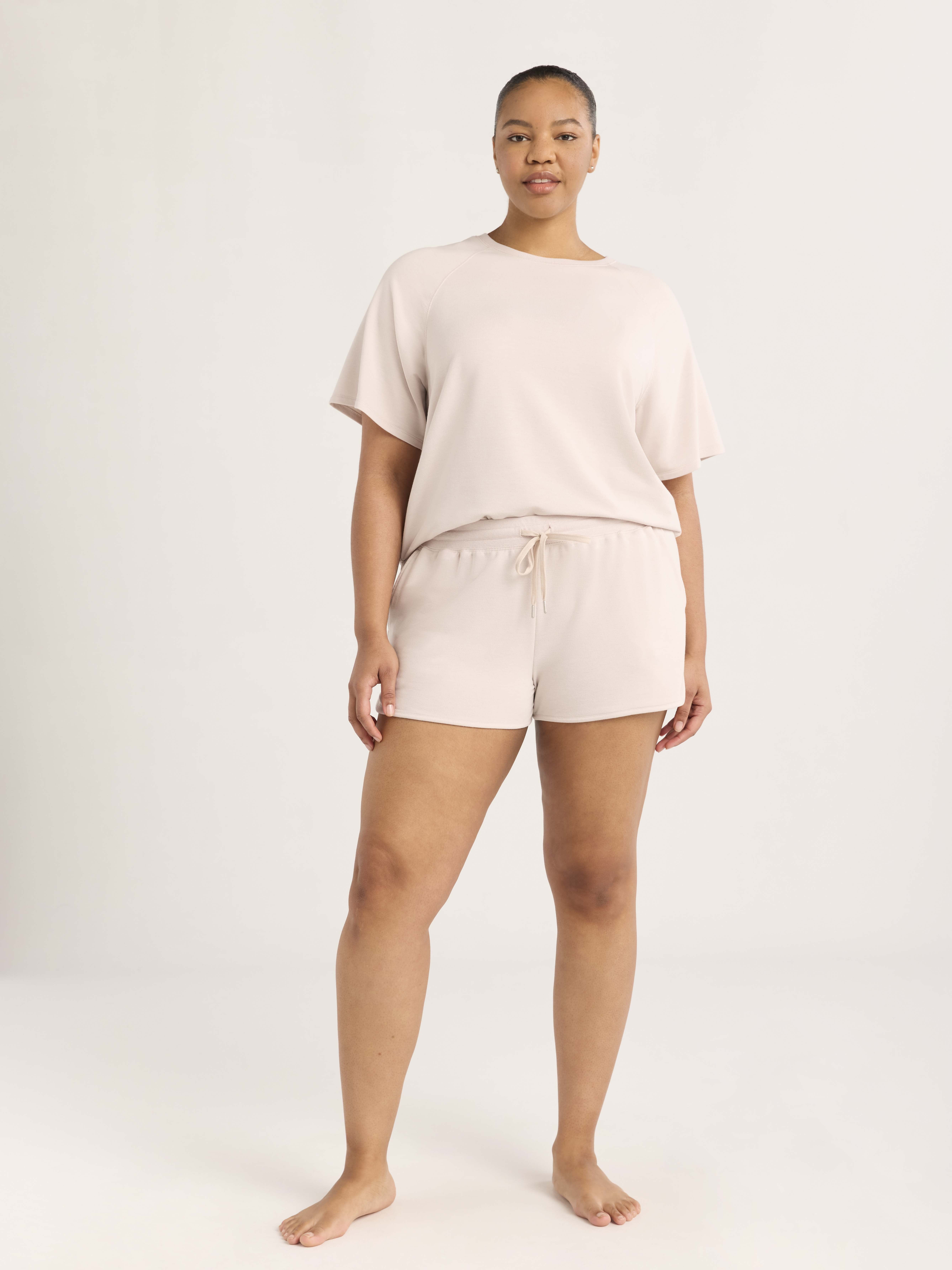 Joyspun Women's French Terry Short Sleeve Top and Shorts Set, 2-Piece, Sizes XS-3X