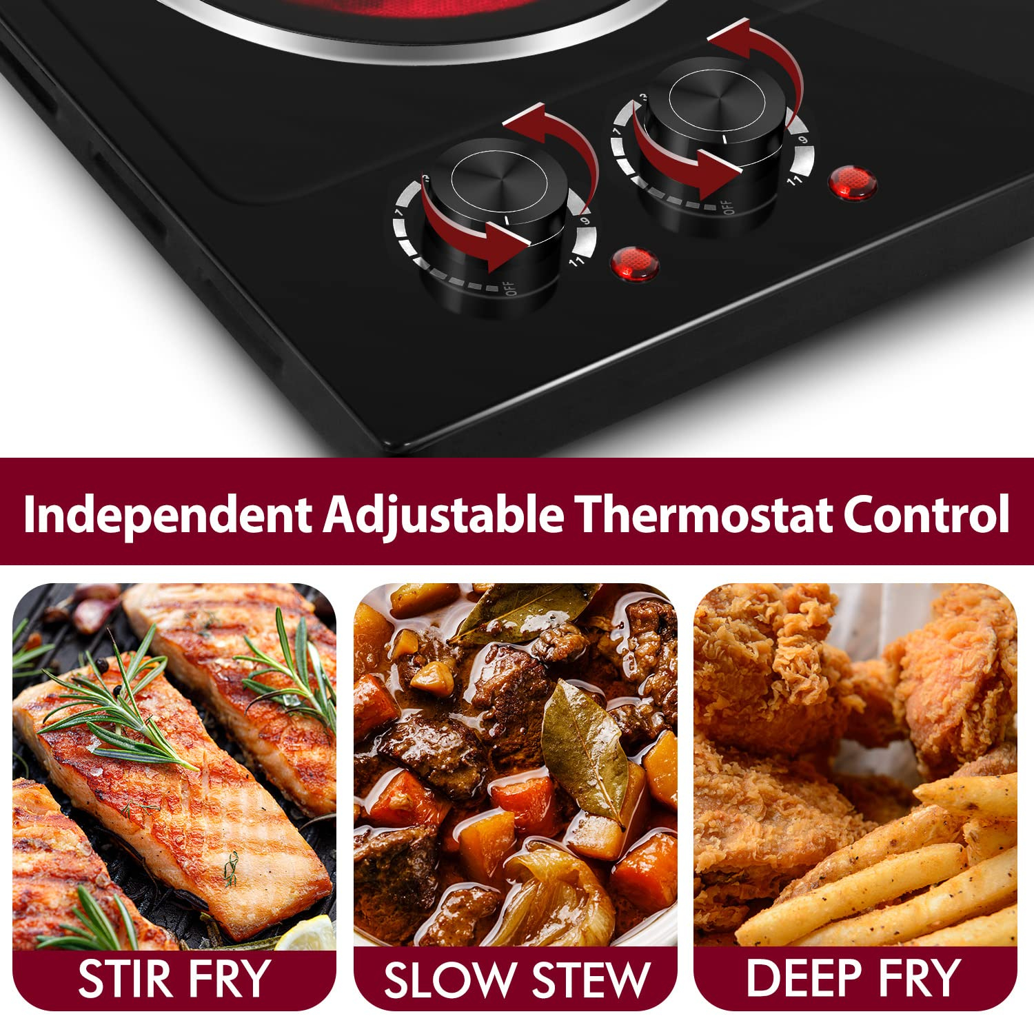 CUSIMAX 1800W Ceramic Electric Double Burner, Dual Control Infrared Cooktop, Portable, Glass Plate, Stainless Steel, Black.