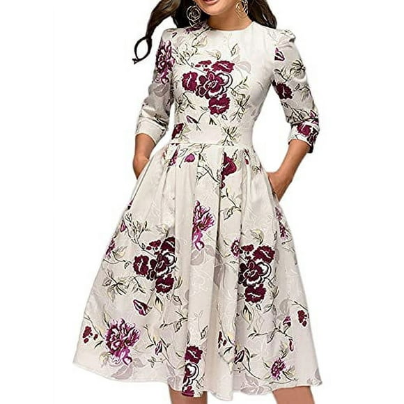 Simple Flavor Women's Floral Vintage Dress Elegant Autumn Midi Evening Dress 3/4 Sleeves (Beige, M)