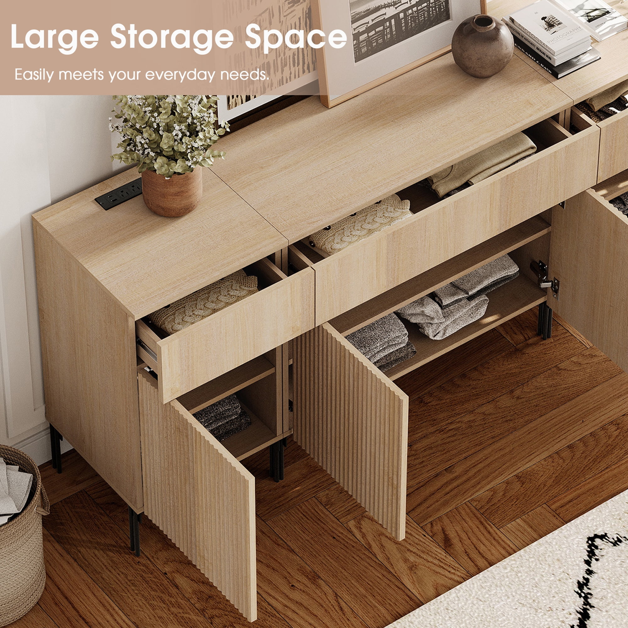 94.5" Reeded Accent Cabinet Set with Charging Station, Modern Credenza Storage Cabinet with Doors and Drawers for Living Room, Kitchen, Dining Room, Hallway